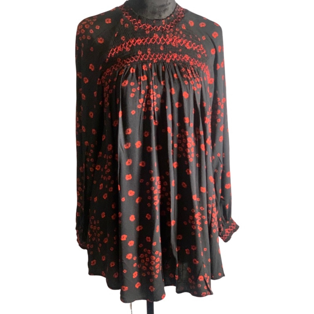 Free People Black Tunic with Red Floral Design
